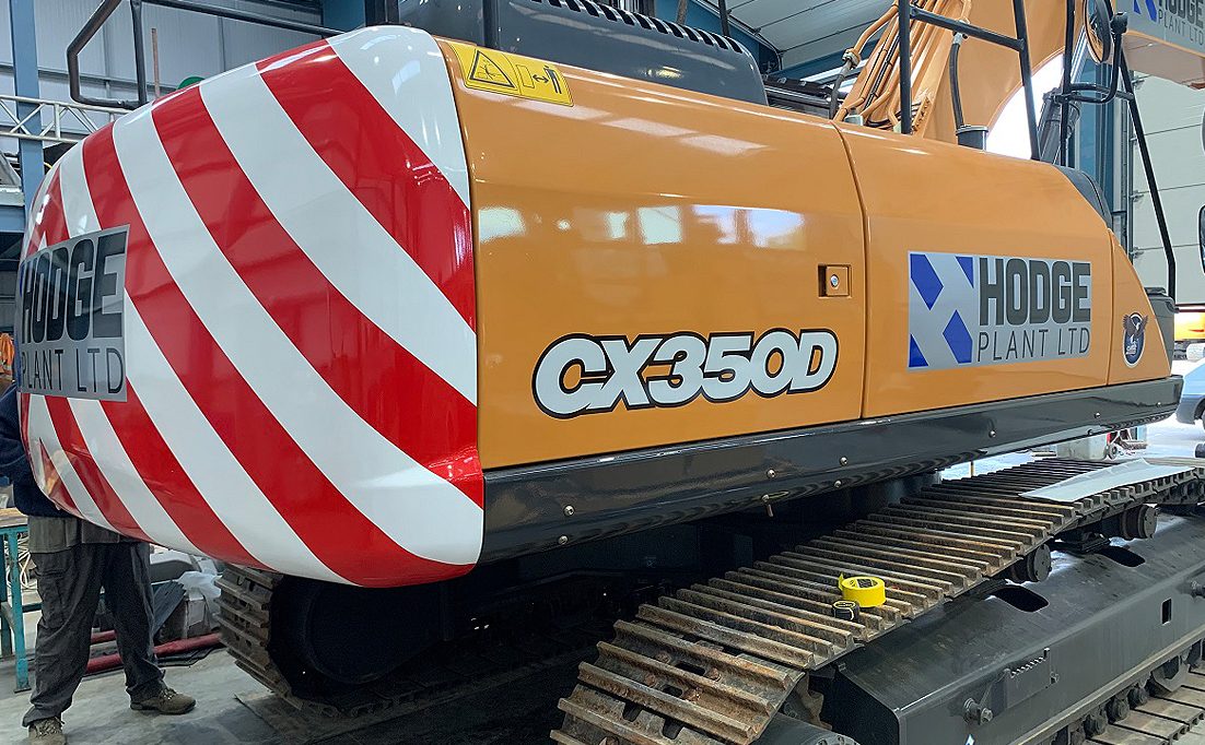 Hodge Plant Case CX350D excavator with fresh chevrons in the A. Gray & Sons workshop
