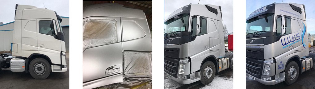 Tractor unit cabs before and after paintwork refurbishment
